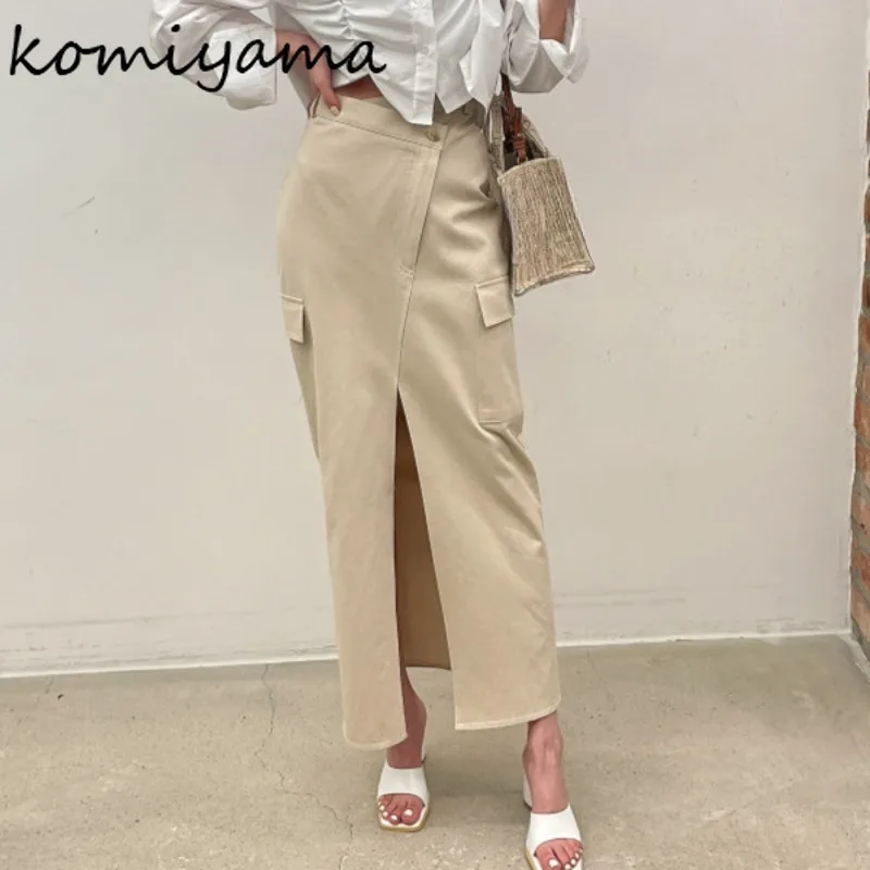 

Elegant Feminino Split Faldas Mujer Misalignment Buckle 2024 Women Skirts Chic Double Pockets Skirt Fashion Falda Saia