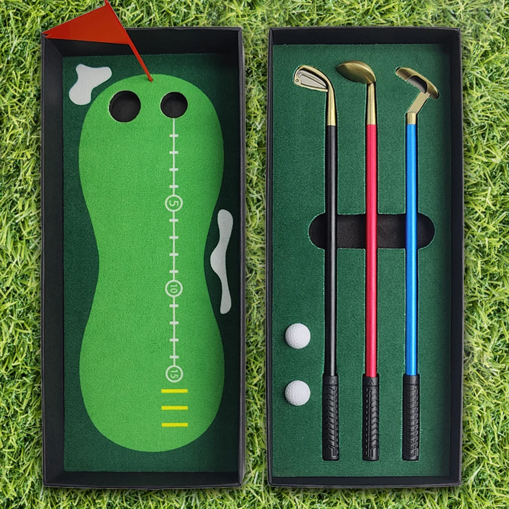 Golf Pen Set Creative Golf Putter Pen Set Mini Desk Game Gifts for Adults Children with Putting Green Three Clubs Pen Balls Flag