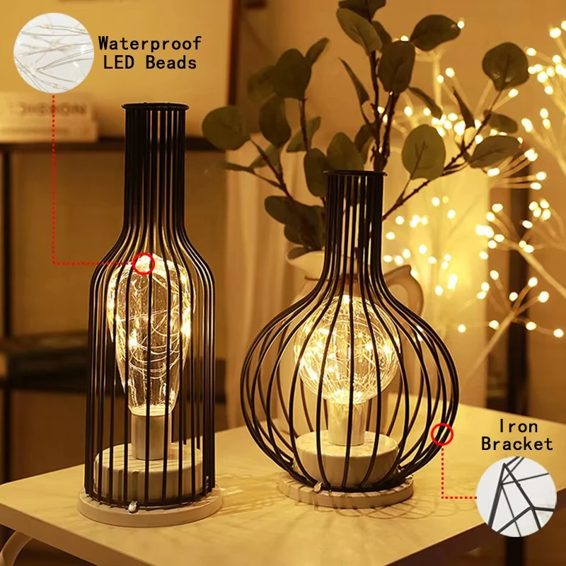 

1PC Iron Wire Cage Design LED Night Light Battery-Powered Decorative Table Lamp for Bedroom Living Room Indoor Decor