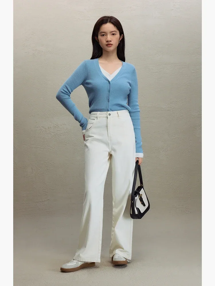 ZIQIAO-Jean droit taille haute pour femme, pantalon rétro, couvrant l\'entrejambe, longueur au sol large, femme, automne, hiver, nouveau, 2023