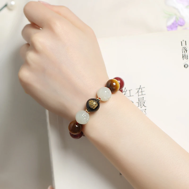 Bracelet Couple's Zodiac Handmade Carved Simple Fashion Modern Retro  New Chinese Style Cinnabar Hetian Jade Beads Gift Box 1Pc