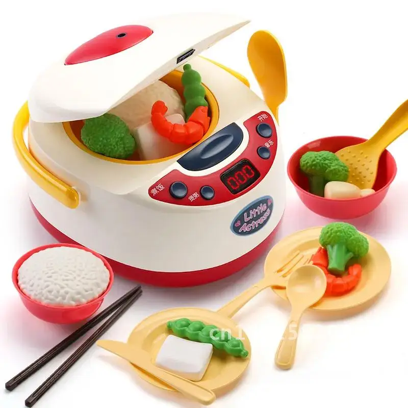 19 ชิ้น/เซ็ตสเปรย์เสียงเพลงหม้อหุงข้าวไฟฟ้า Interactive Cooking บนโต๊ะอาหารจําลองของเล่นผลไม้ชุดอาหารผัก