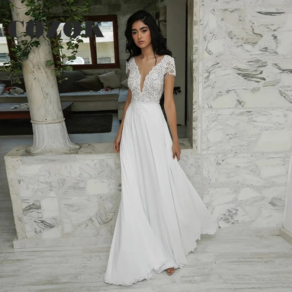 Elegant Chiffon Bohemian Wedding Dress V-Neck Simple Backless Bridal Gowns For Women Vestido De Noiva Custom Size KH88M