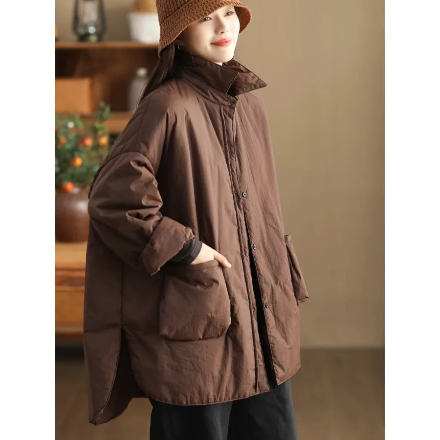 SuperAen Vintage Design Asymmetrische Mode Effen Kleur Katoenen Jas Dames Winter 2024 Nieuwe Zak Gewatteerde Jassen Met Lange Mouwen