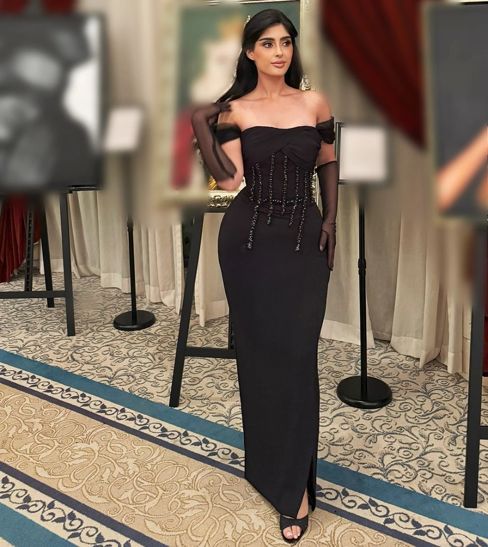 

Customized Jersey Pleat Beading Straight Black Long Dresses Bespoke Occasion Women Luxury Evening Exquisite Party Gown