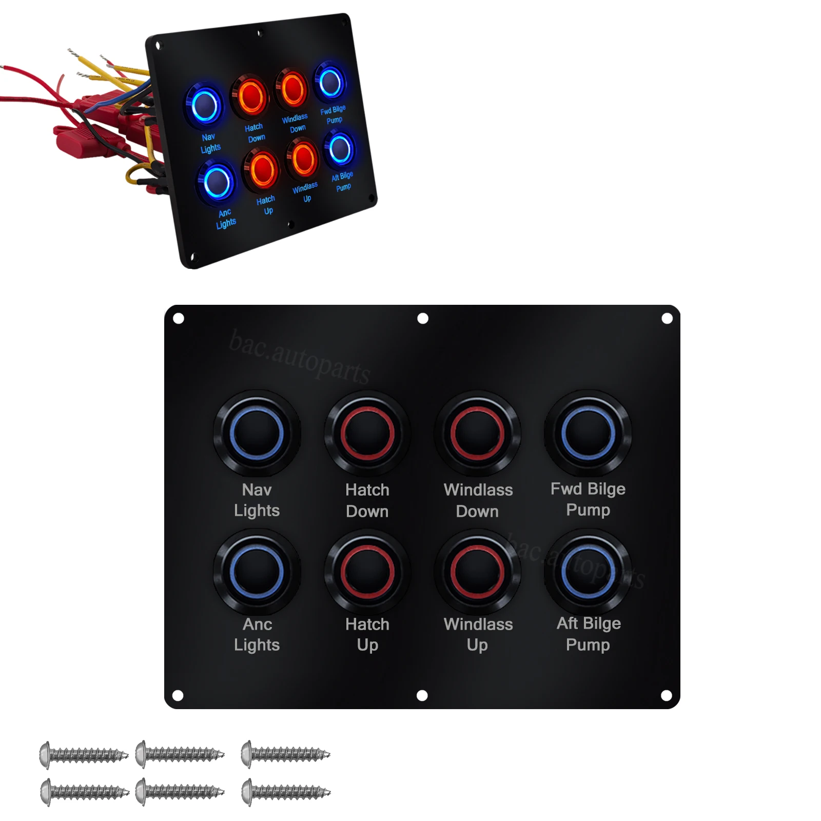 12V Heavy-Duty Marine Push Switch Panel Construction Stainless Steel Acrylic Fuse Pre-Wired for Boat Yacht RV Truck Bilge Fish