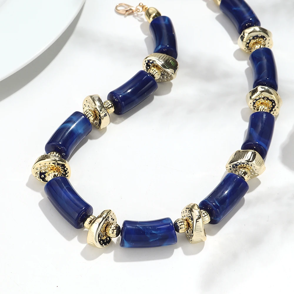 Neue bunte klobige Bambusrohr-Perlen-Acryl-Halsband für Frauen und Männer, Statement-Ellenbogenstapel-Halskette, französischer trendiger Schmuck, Geschenk – Detail 4