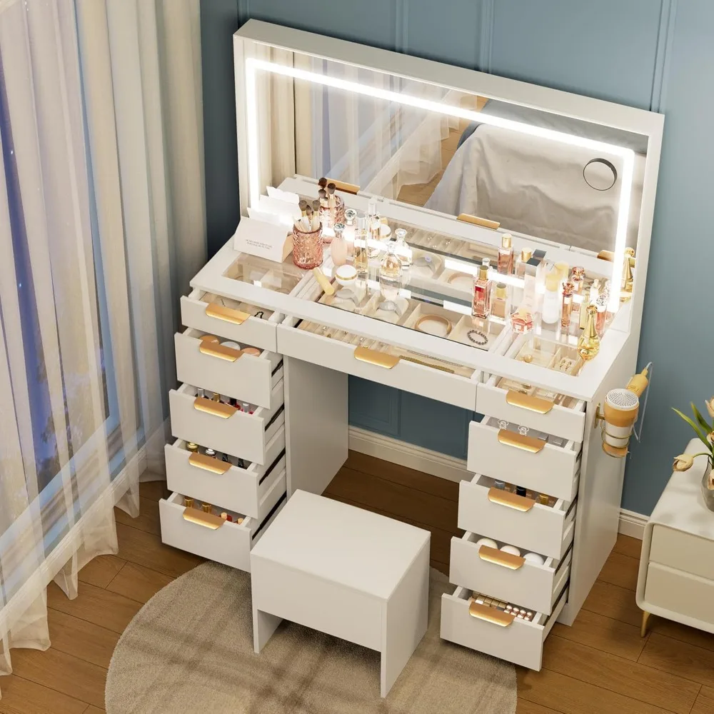

Pamapic Glass Top Vanity Desk with Mirror and Lights, 11 Drawers Makeup Vanity with Charging Station and Chair, Golden Handles D