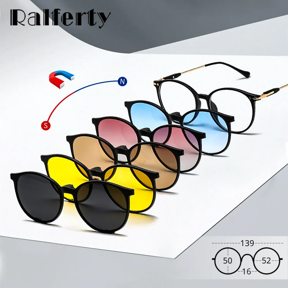 

Ralferty 5-in-1 Magnetic Sunglasses Women Polarized Fit Over Prescription Eyeglass Retro Round Colorful Gradient TR90 Clip-On