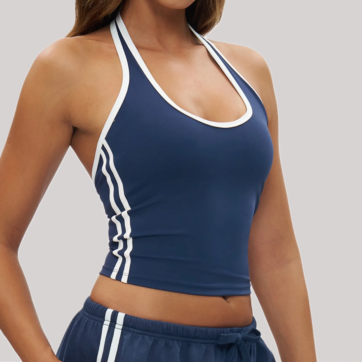 سترة يوجا نسائية جميلة برقبة معلقة، لون متباين، حواف ضيقة لليوجا، حمالة صدر رياضية للجري واللياقة البدنية في الهواء الطلق #3