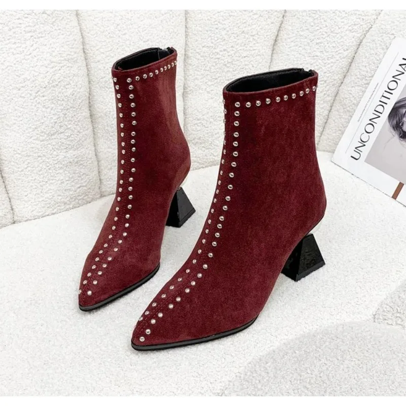 Women Ankle Boots 2024 Shallow Spring Autumn Winter Pointed Toe Designer Ladies Short Back Zip Sexy Suede High Heels Mom Shoes