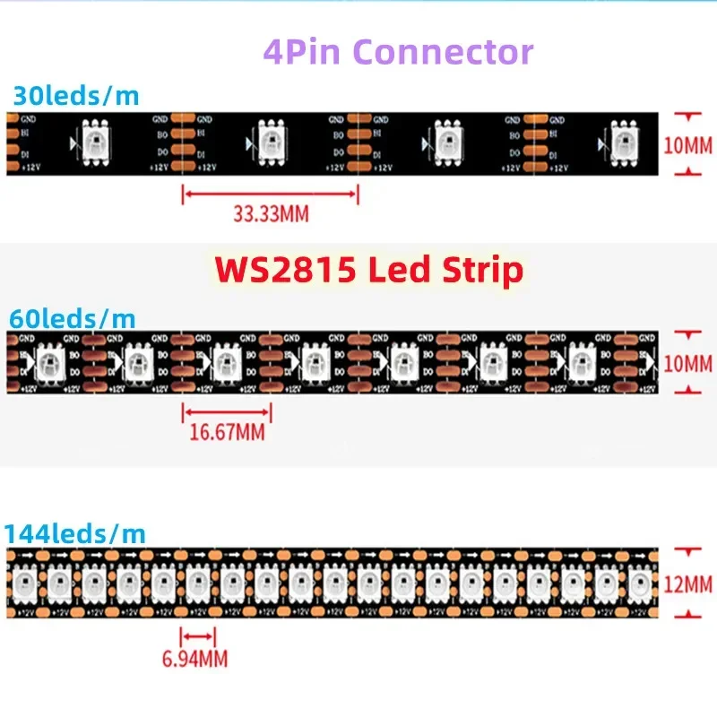 1/2/3/4/5M WS2815 DC12V WS2812B LED Strip Light RGB Individually Addressable LED Lights Dual Signal 30 60 144 LEDs IP30 65 67