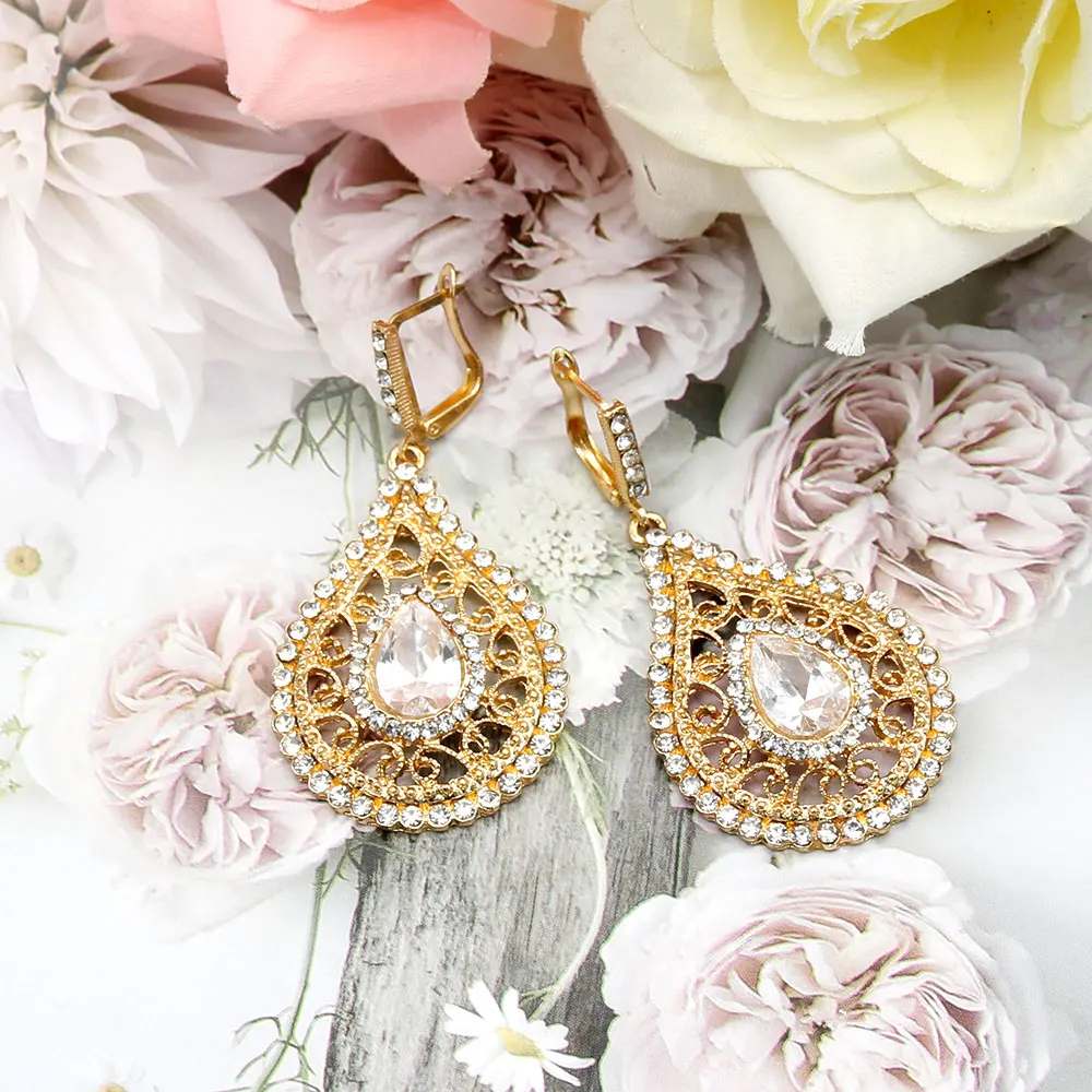 Sunspicems Gold Color Crystal Algeria Morocco Earring For Women Arab Ethnic Wedding Jewelry Drop Water Dangle Earring Bride Gift