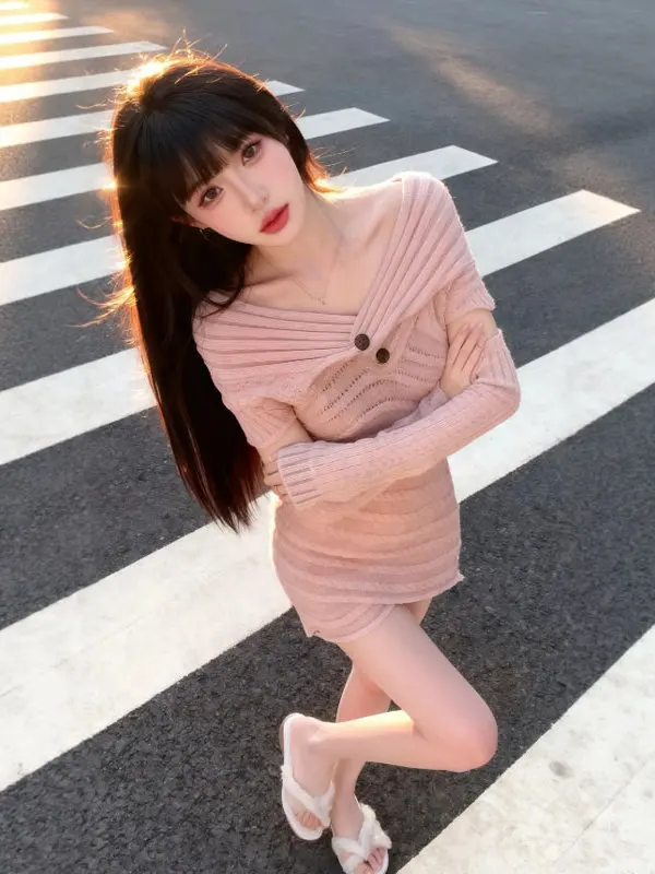 

Нежно-розовое вязаное платье на одно плечо, облегающее, сексуальное, с длинным рукавом, удобное, для различных случаев, на зиму