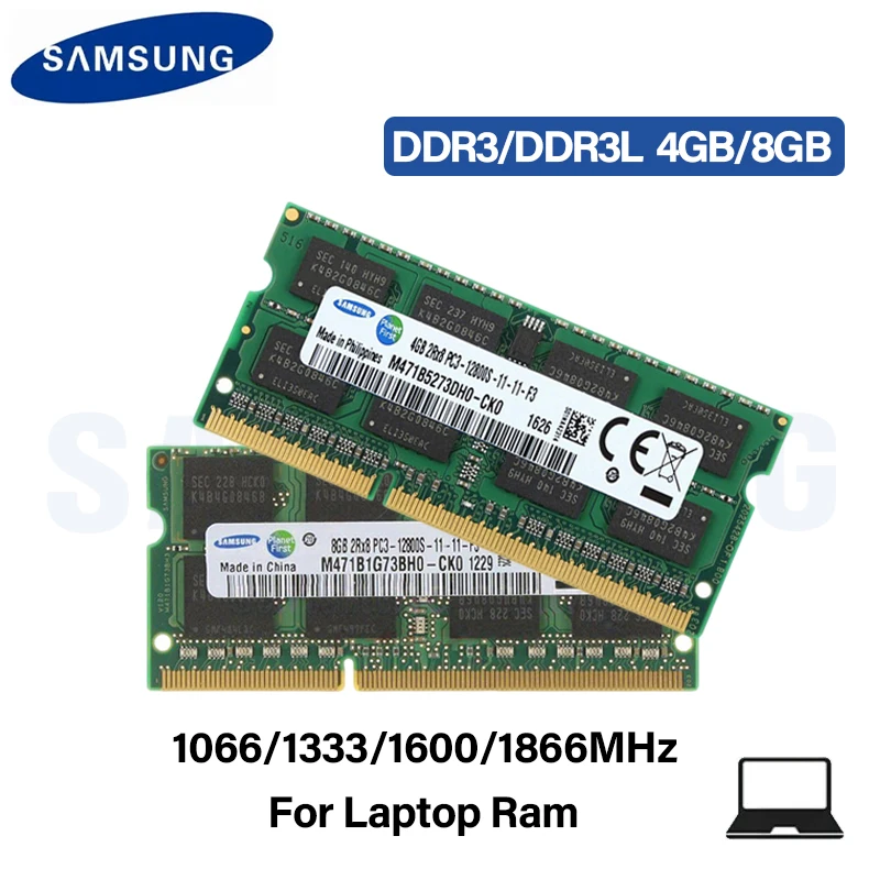 Samsung Memória DDR3 DDR3L 8GB 4GB Laptop Ram 1066Mhz 1333Mhz 1600Mhz 1866Mhz 204-pin Sodimm Notebook Memory