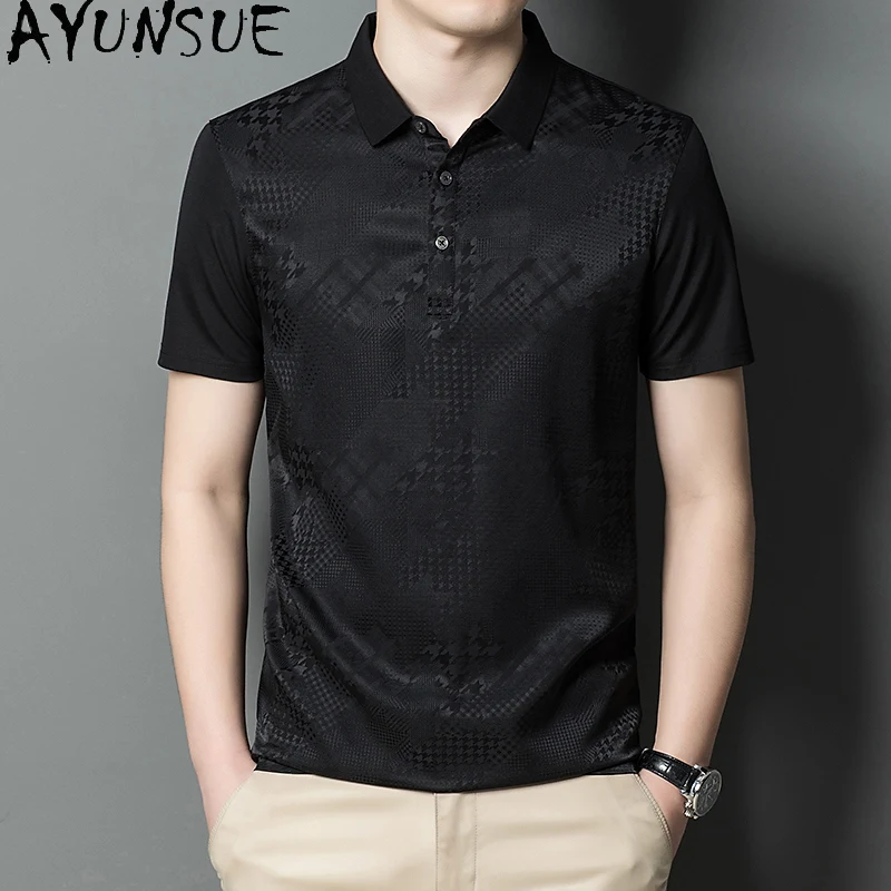 AYUNSUE 91.7% Mulberry Silk Polo Shirt for Man Summer Clothing Fashion Dark Pattern Men's White Tee Shirts Polo Shirts Herren