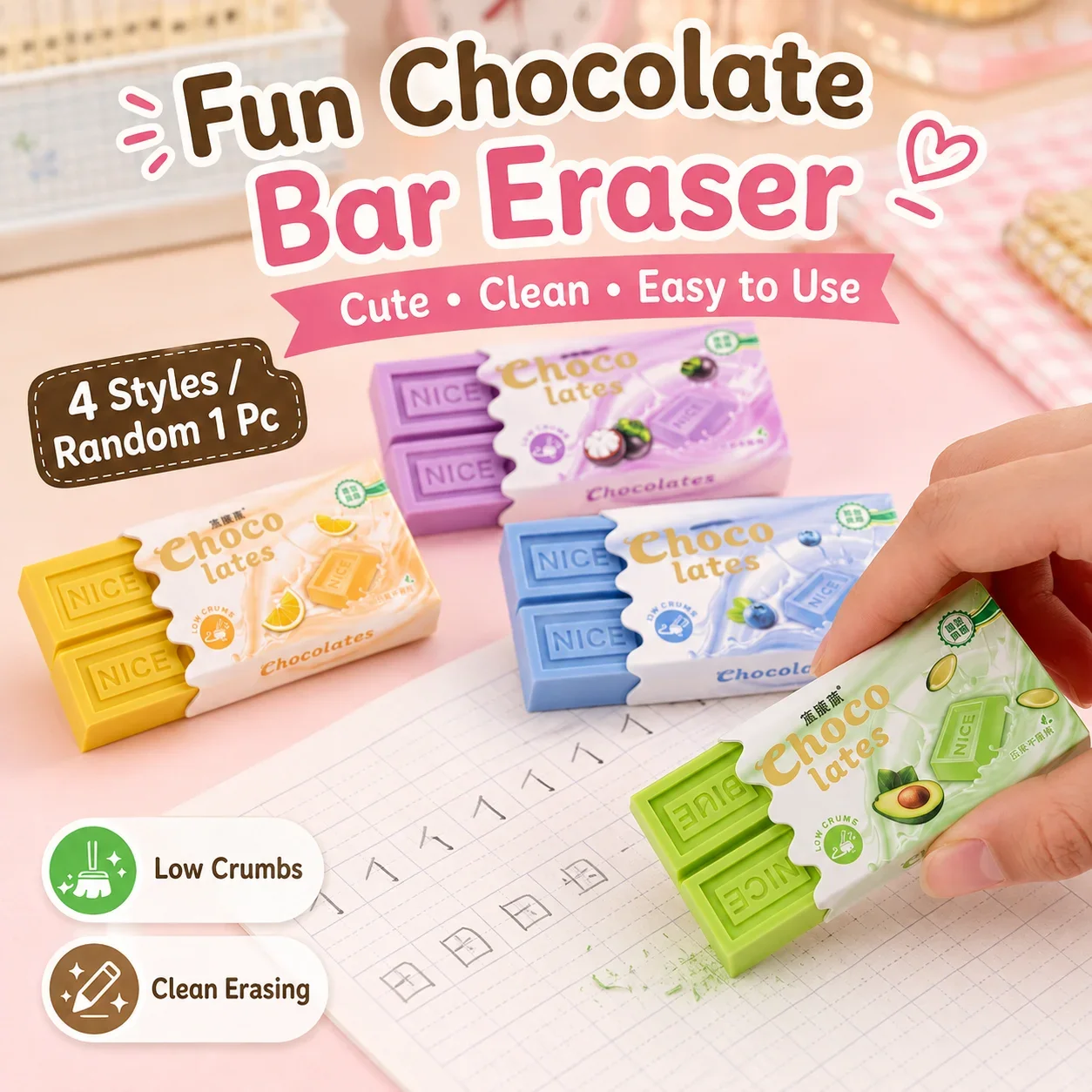 Chocolate Shaped Funny Eraser, Creative Cartoon Eraser for Kids, Large Block Clean Eraser with Low Dust for School Supplies