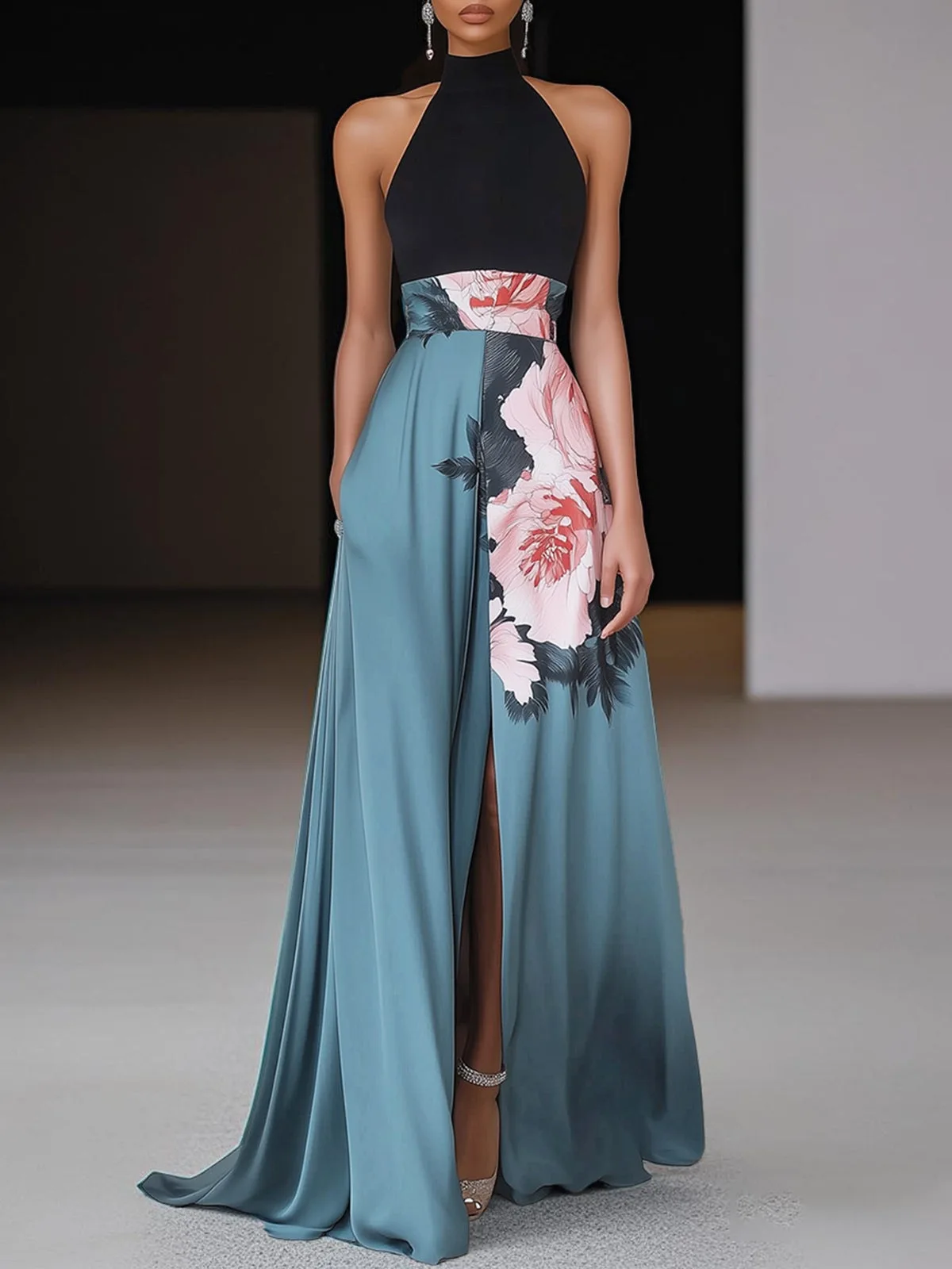 

2026 Women's Sleeveless Top Digital Print Long Maxi Dress Evening Gown