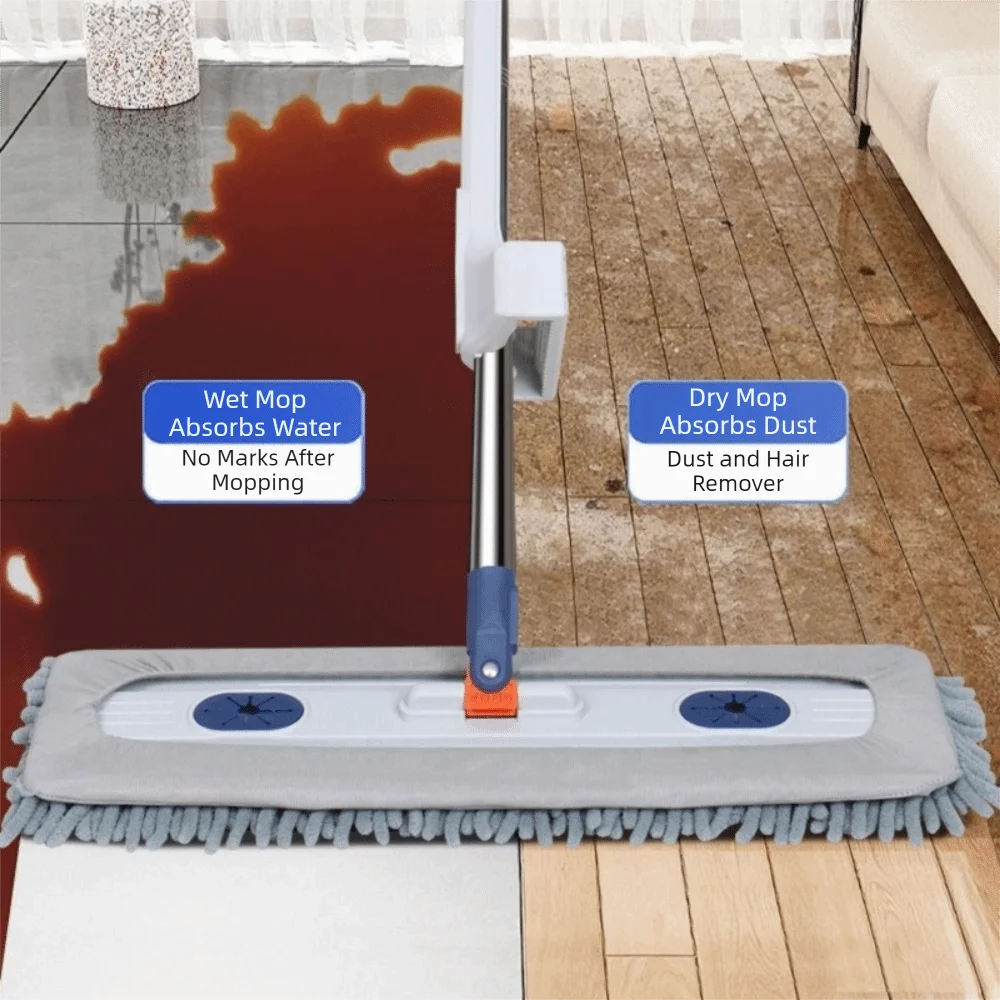 Absorbent Water Chenille Self-Cleaning Flat Mop Washable Self Wringing No Hands Wash Mop Heavy Duty Wet Dry Mop for Home Use