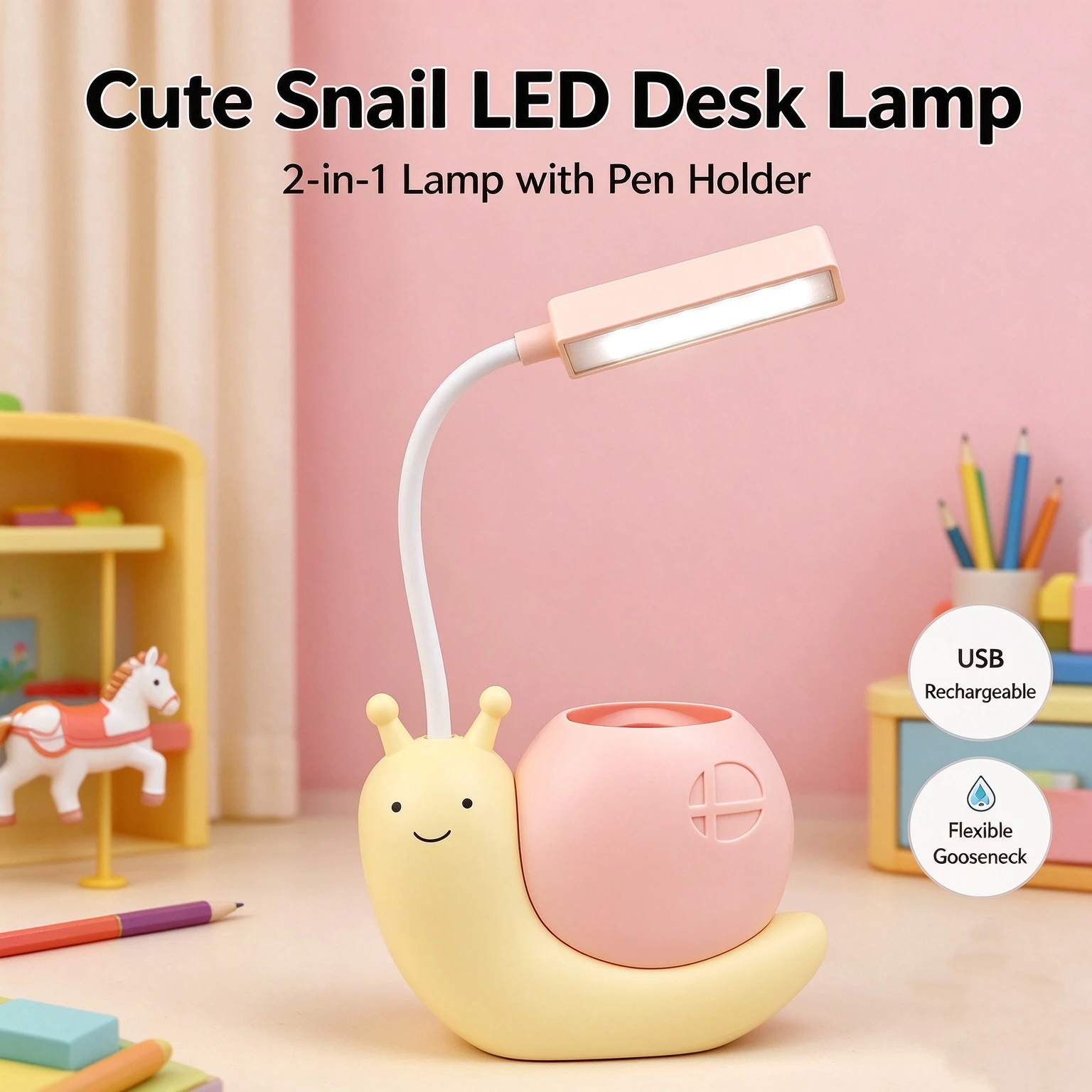 Cute New Snail Desk Lamp With Pen Holder USB Rechargeable Flexible Gooseneck LED Table Light Kids Reading Study Lamp Night Light