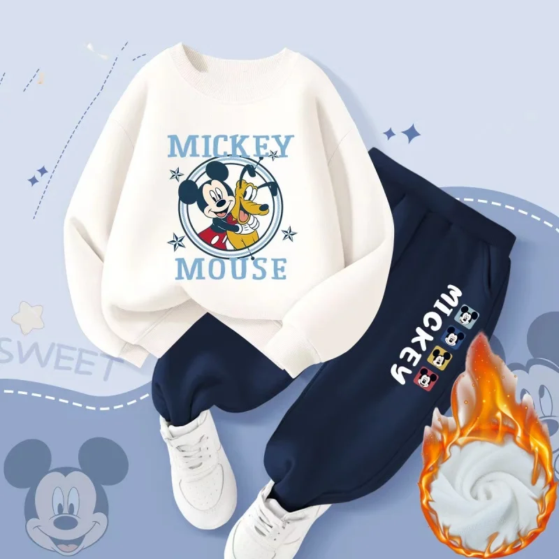 Winter Baby Girl Clothes Set Kid Boy Disney Mickey Sweatshirts Pullover & Pants 2pcs Suit Children Long Sleeve Plush Warm Suit