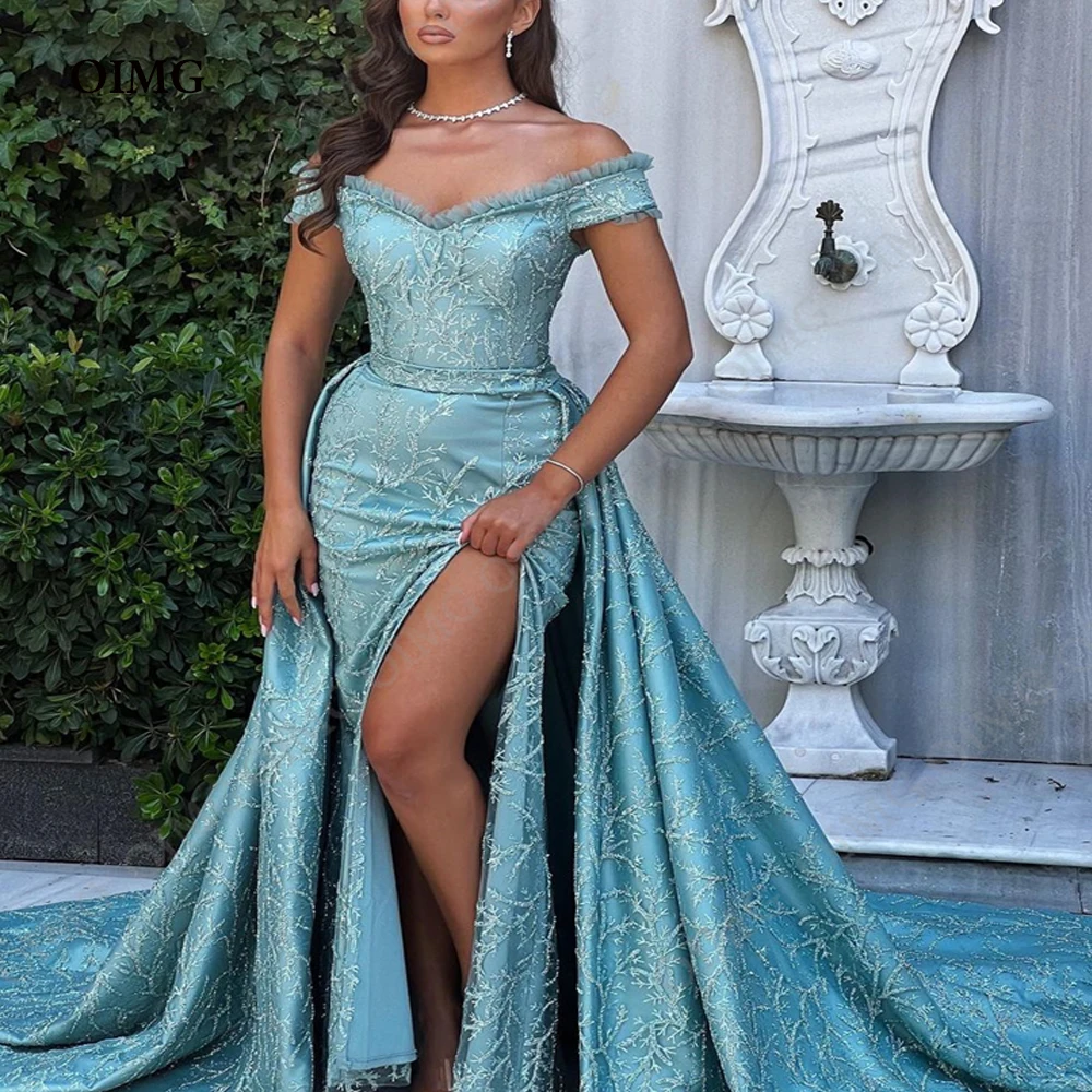 

OIMG Arabic Green Dubai Formal Evening Dresses Off The Shoulder Side Slit Satin Gorgeous Beading Sequins Women Prom Party Gowns