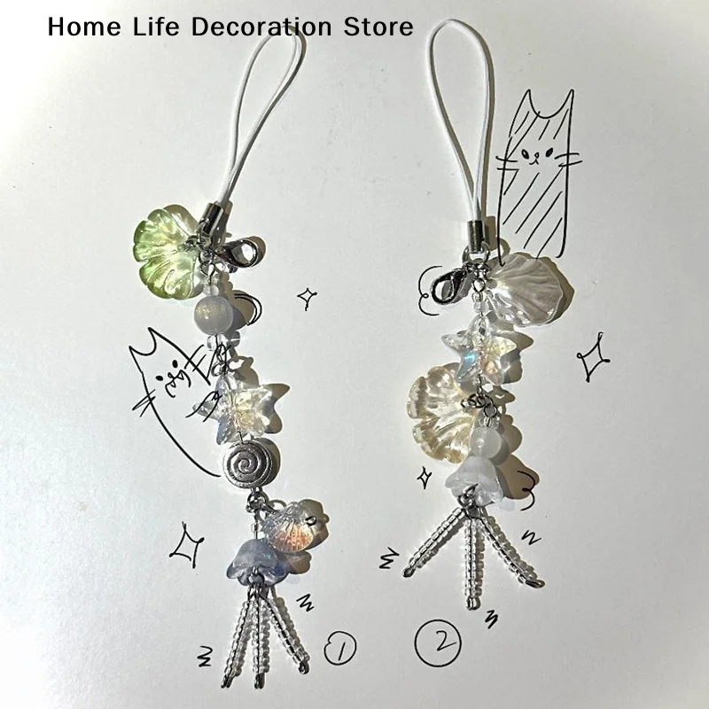 

【TG】Creative Seashells Jelly Fish Beaded Phone Chain Anti-loss Phone Strap Charm Cute Pendant For Girl Cell Phone Wrist Strap