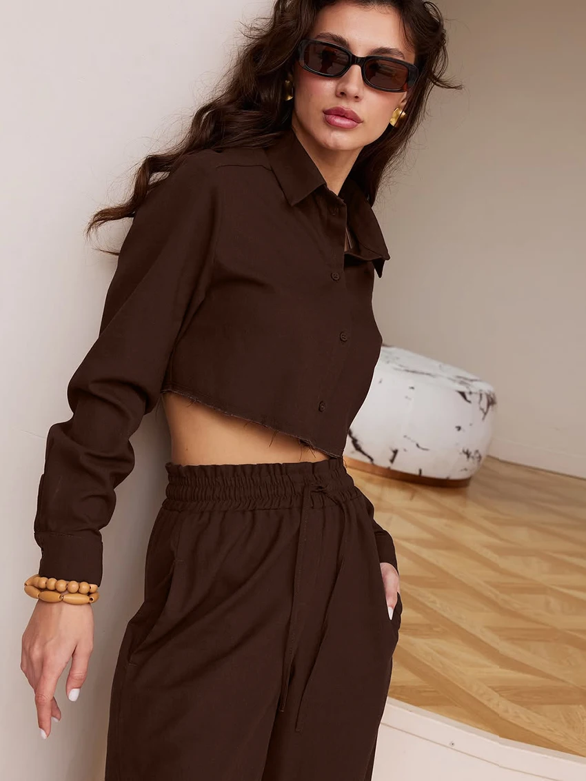 Marthaqiqi Autumn Women Sleepwear Set Long Sleeve Pajama Turn-Down Collar Nightie Crop Top Nightwear Pants Ladies Nightgown Suit