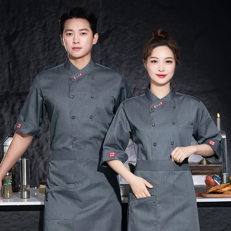 Chef Uniform Three-Quarter Sleeve New Spring and Summer Four Seasons Men's Catering Half Sleeve Overalls Canteen Kitchen Clothes