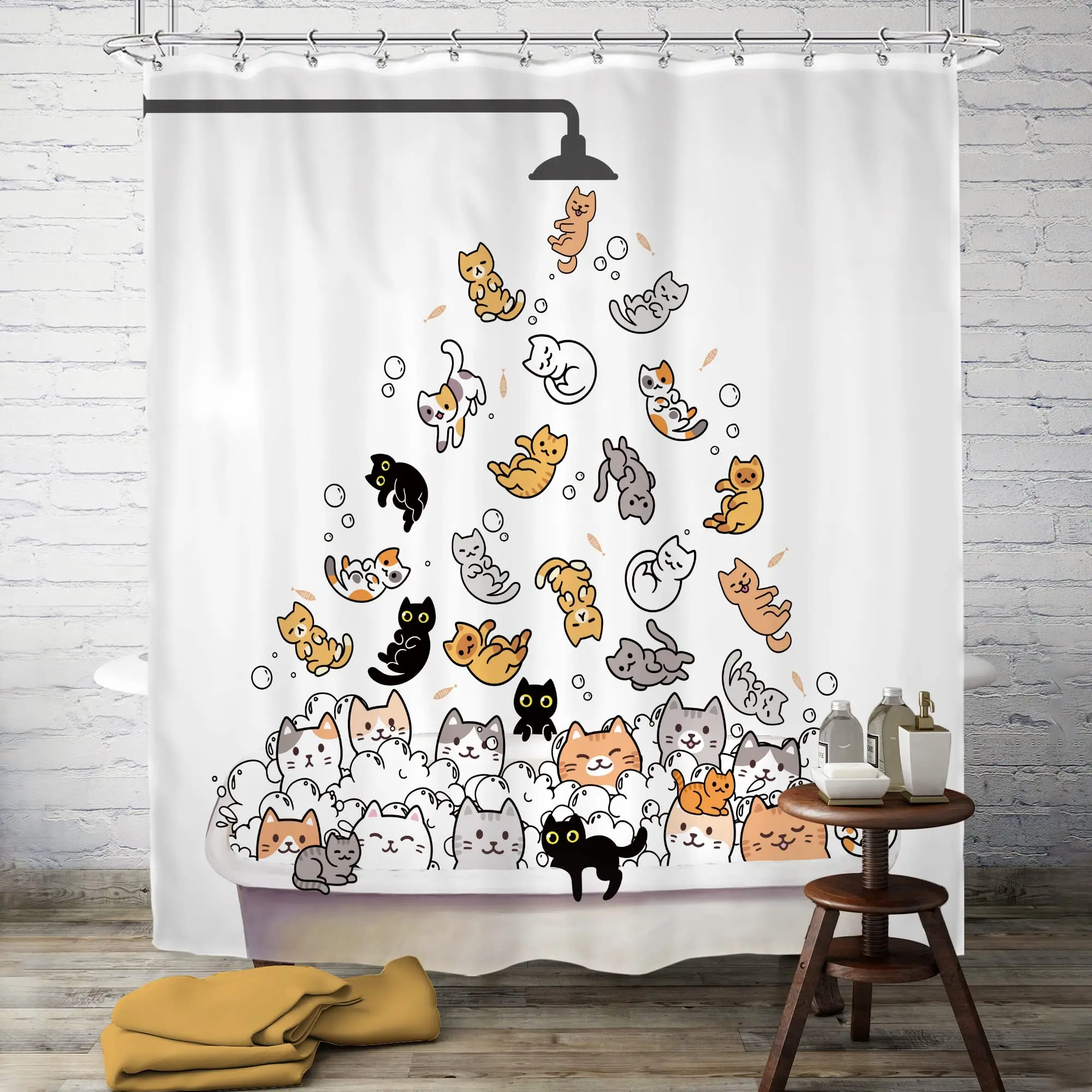 Cats and Dogs Shower Curtain Raining Cartoon Corgi Cute Animal Hilarious Pet Playing Water Polyester Waterproof Bathroom Curtain