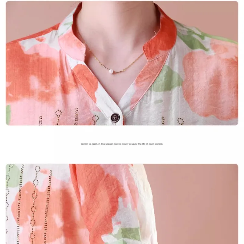 Vintage Ethnic Style Summer Women's V-Neck Printed Stand Collar Diamonds Single Breasted Fashion Loose Casual Shirts Tops
