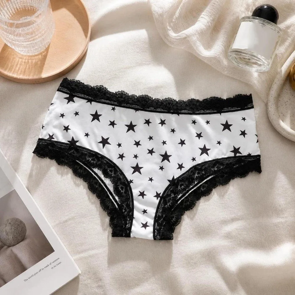 Mid Waist Women's Panties Gothic Style Halloween Skull Skeleton Briefs Star Lingerie Lace Triangle Underwear Gothic Style