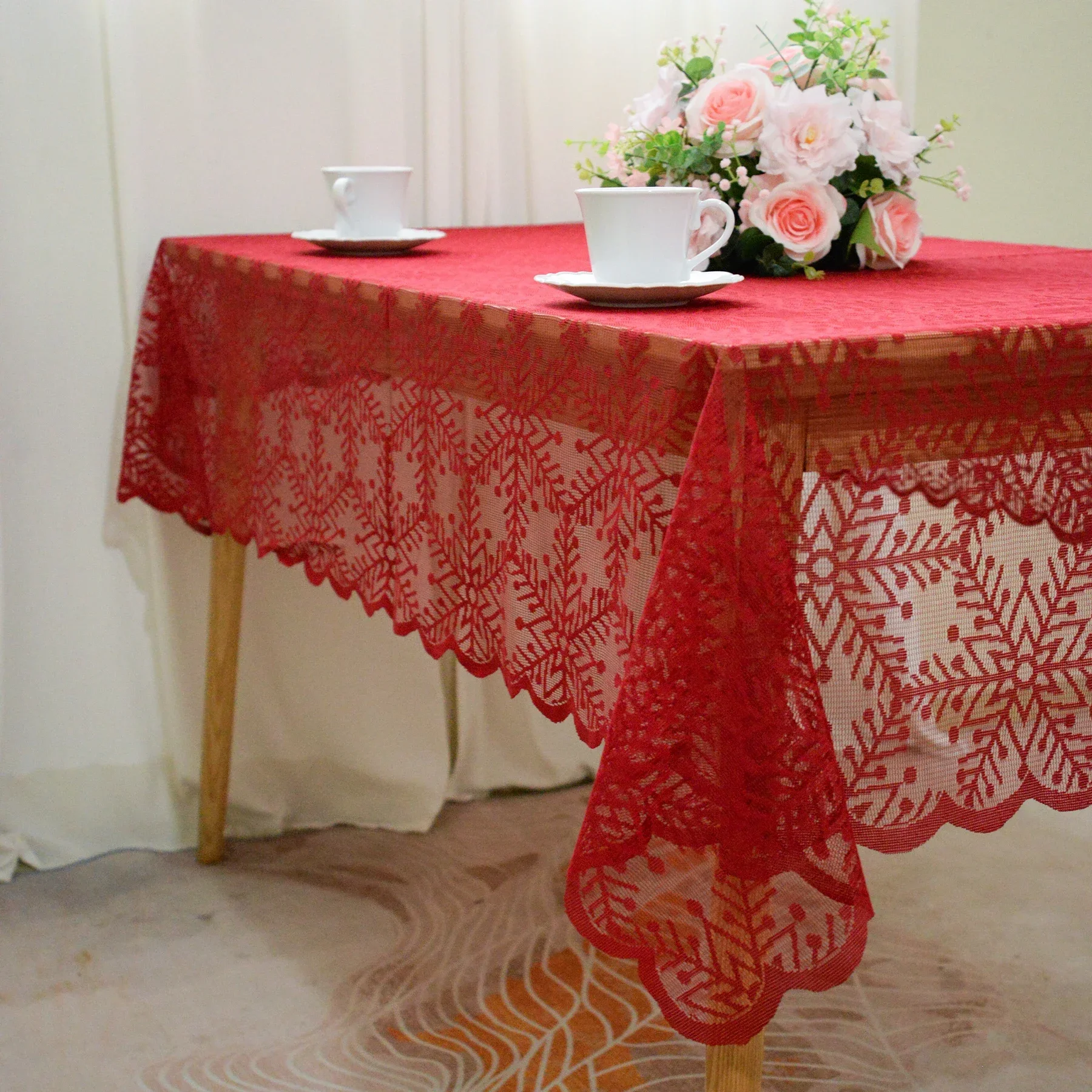 Lace Polyester Tablecloths, Wrinkle-Free Reusable Smooth Table Cover for Christmas Wedding Outdoor Camping Dining Table,Red