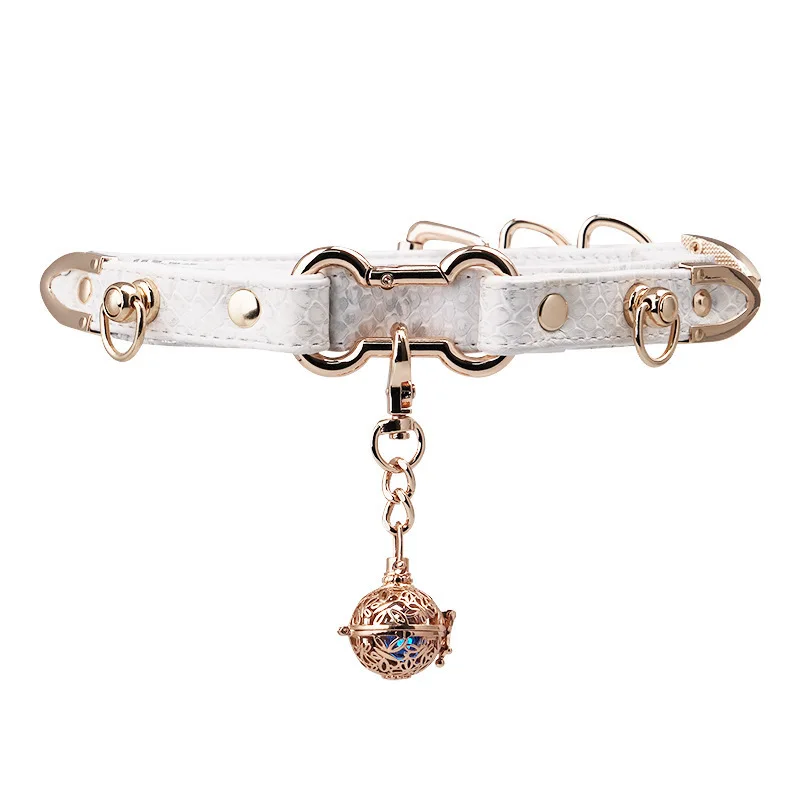 

Adult Games Gothic Elegant Choker Necklace, White Snake Pattern Faux Leather Collar with Gold O-Rings & Hollow Ball Pendant