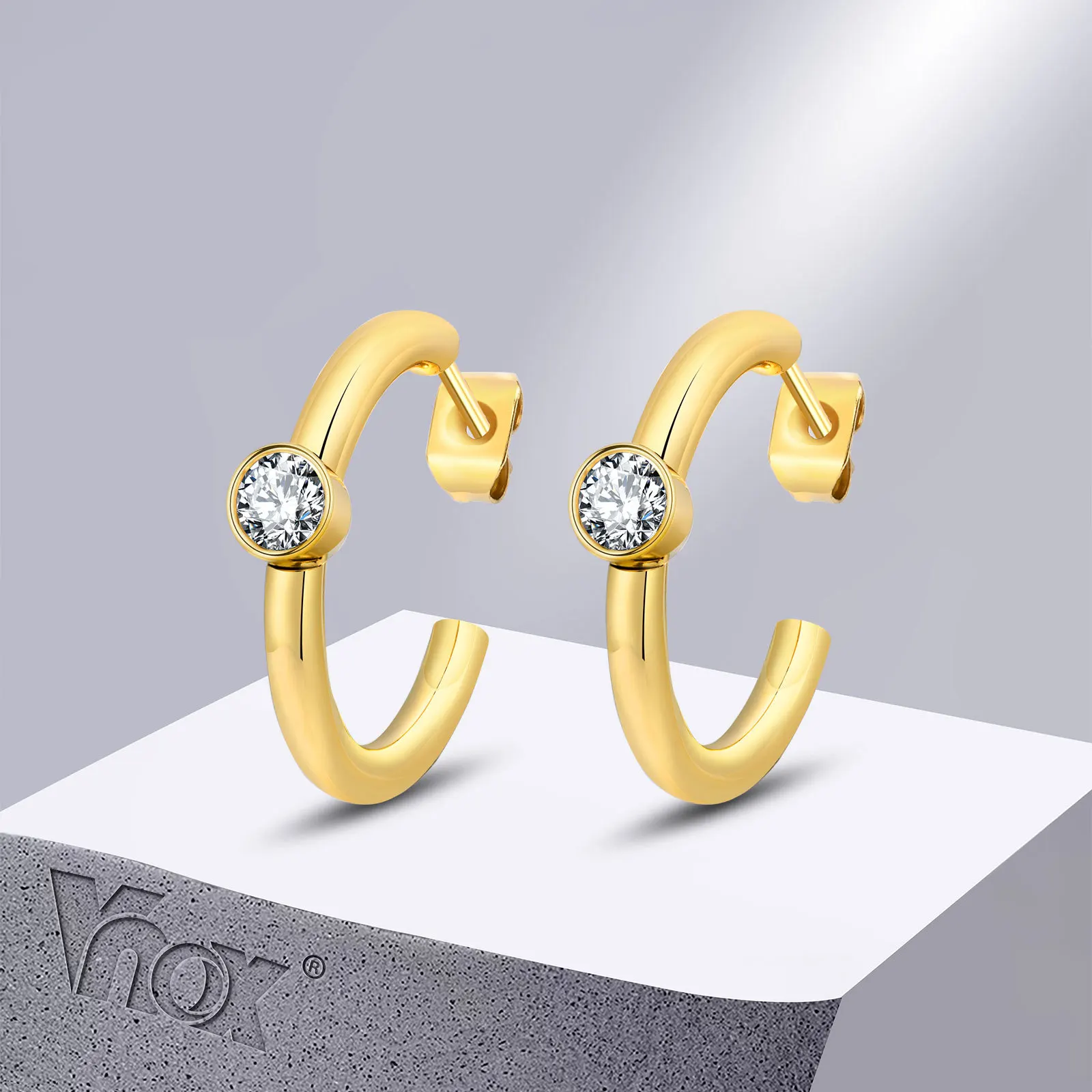 

Vnox Shiny CZ Stone Earrings for Women, Gold Color Stainless Steel C Shaped Hoop Earring Party Gifts Jewelry