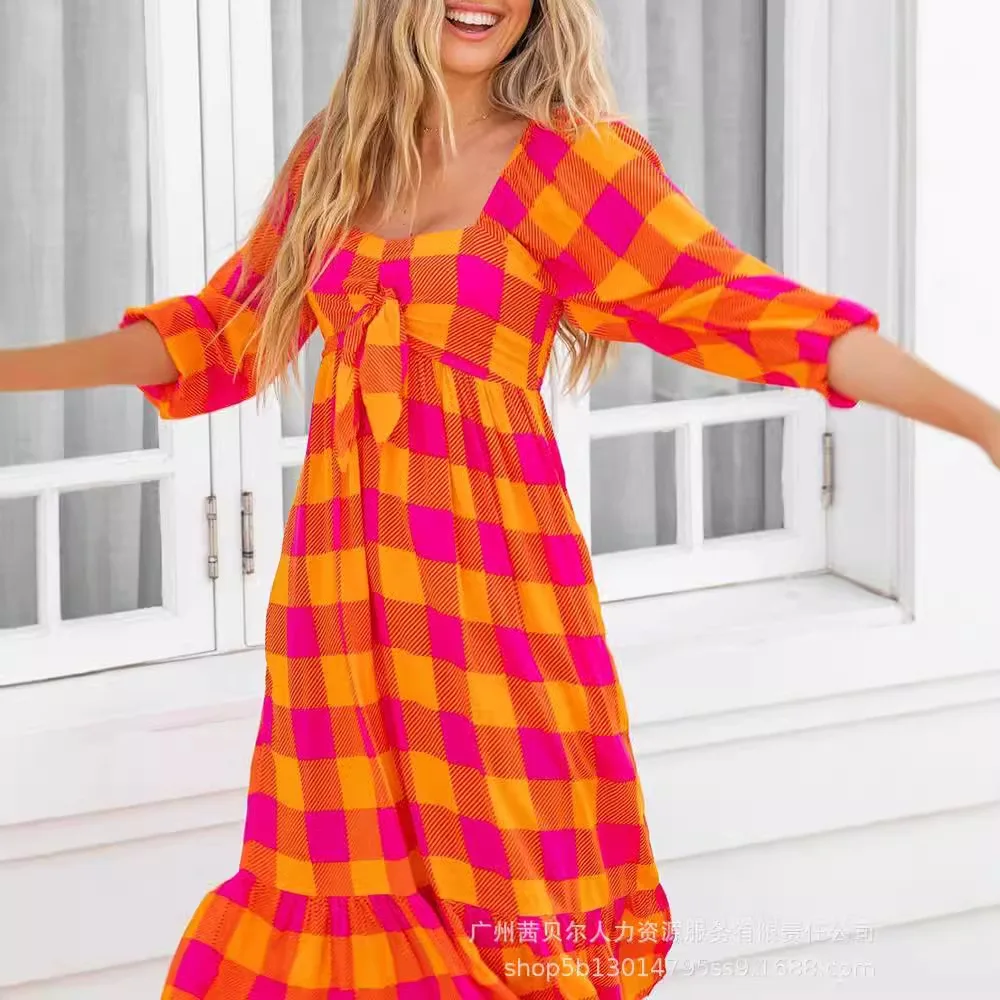 Women Print Plaid Dresses Square Neck Ruffles Splice A Line Long Dress Casual Vestidos Puff Sleeve Elegant Lady Bohemian