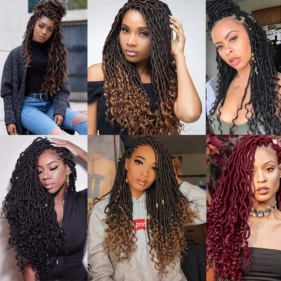 Donghou Faux Locs Trança de Crochê Cabelo 3 Pacotes/Lote Novo Goddess Locs Cabelo de Crochê com Pontas Encaracoladas Fibra Ombre Tranças de Cabelo Marrom