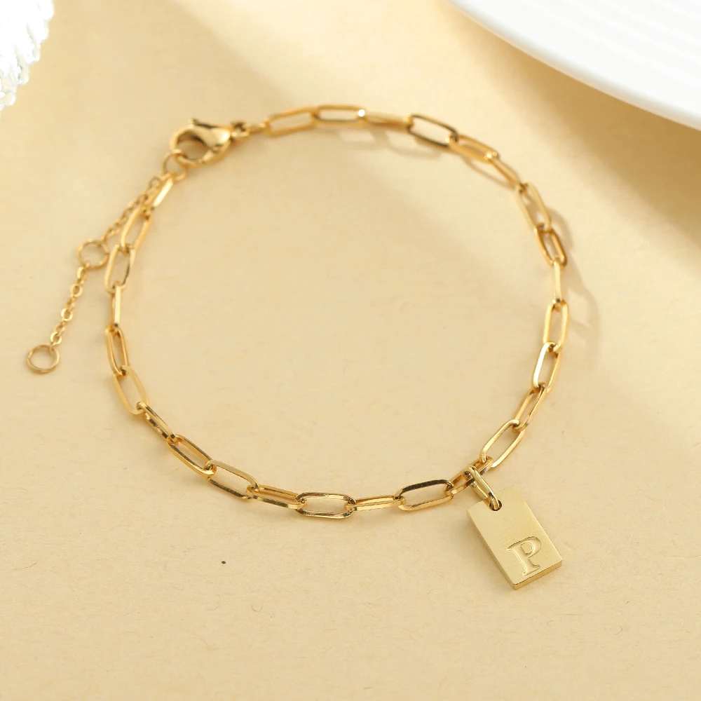 10PCS A-Z 26 Square Corrosion Letter  Golden Stainless Steel Cross Chain Bracelet Fashion Simple Style Women's Jewelry Wholesale