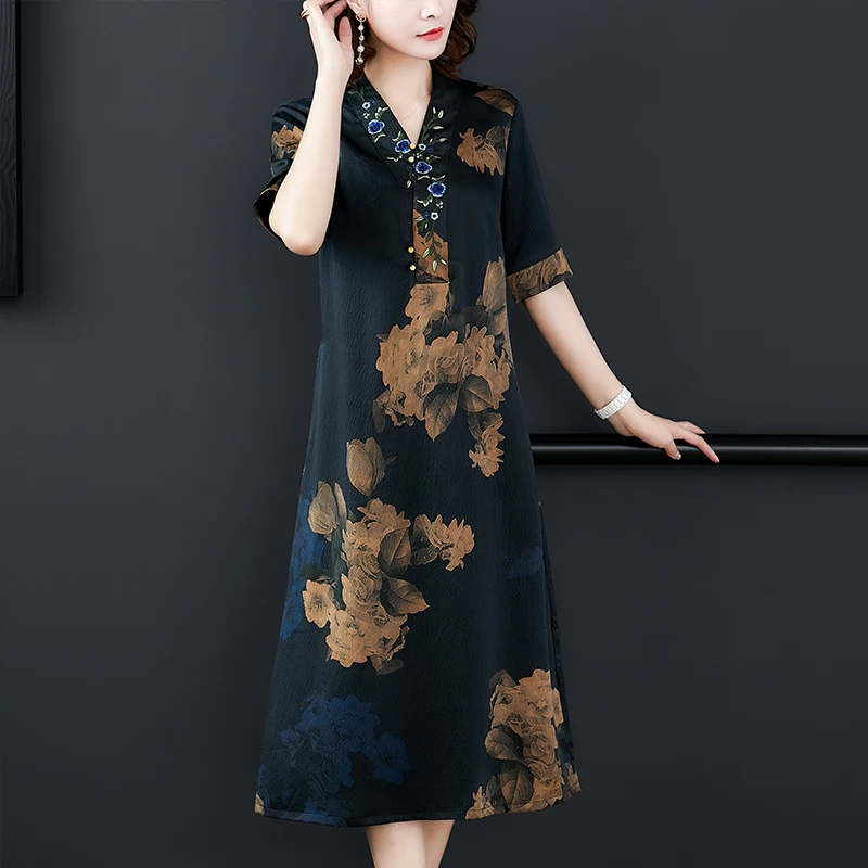 

Summer Black Flroal Natural Silk V-Neck Midi Dress Women Korean Vintage Hepburn Dress 2023 New Elegant Bodycon Plus Size Dress