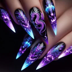 Dark Press on Nails Short Medium Almond Fake Nails with Lightning Gold Bat Water Drop Design Glossy Stick on Nails Acryli Nails