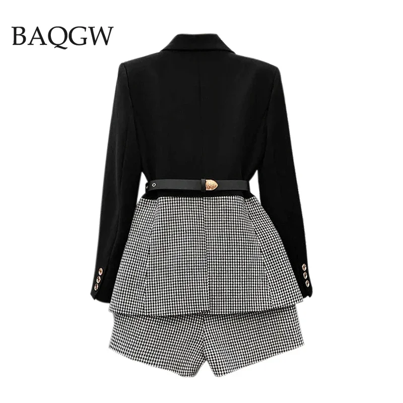 Korean Patchwork Plaid Shorts Two Piece Set Women Lapel Long Sleeve Blazer +Wide Leg Shorts Casual Office Lady Sets with Sashes