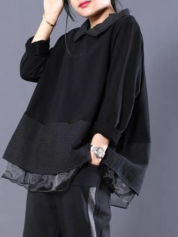 

Fall Oversized Ne irt Women's Loose Fit Splice Design European Organza Patchwork Trendy Commute Sle Long Sve