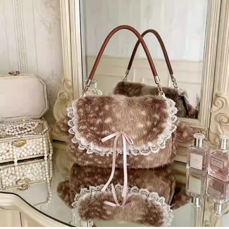 

Lolita Plush Handbag Cute Lace & Bow Decor Faux Fur Shoulder Bag Vintage Brown Top-handle Bag Spotted Deer Pattern Underarm Bag