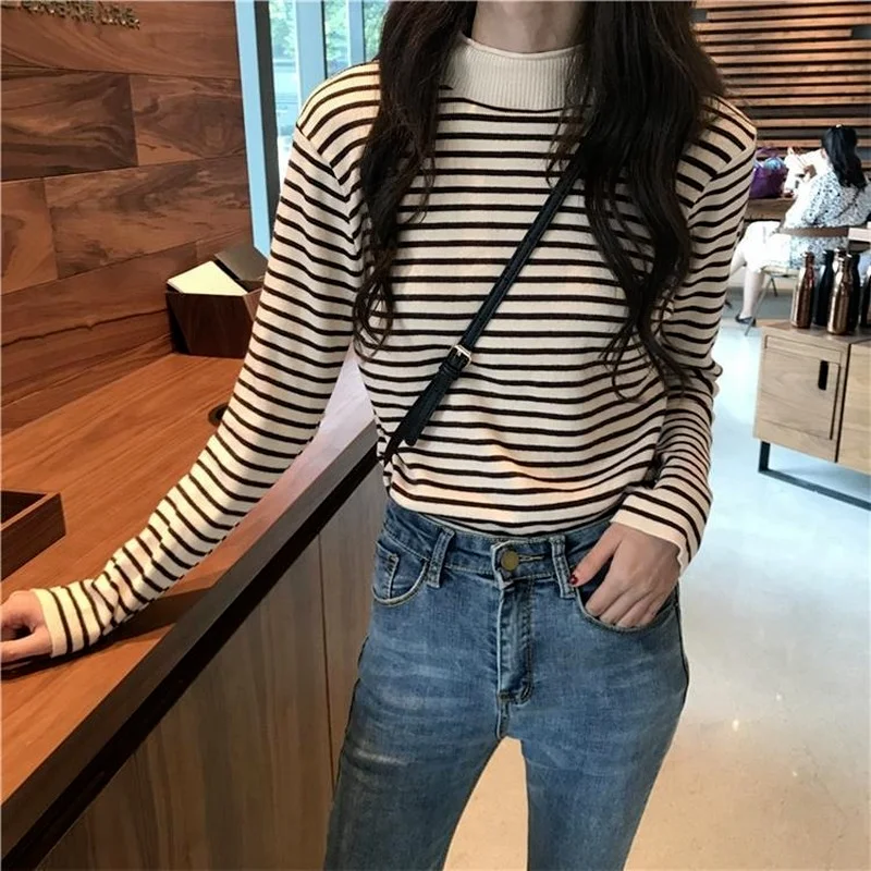 

Striped Turtleneck Long Sleeve Pulovers Women's Top Goth Cute T-shirt Woman Sale Art Designer Clothing Harajuku Luxury Slim Tees