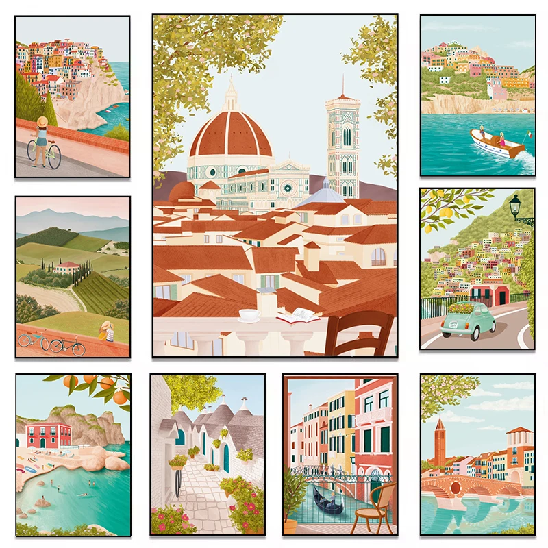 Retro Italy Village Amalfi Positano Abstract Coastal House Architecture Poster Canvas Painting Wall Art Pictures Home Decor