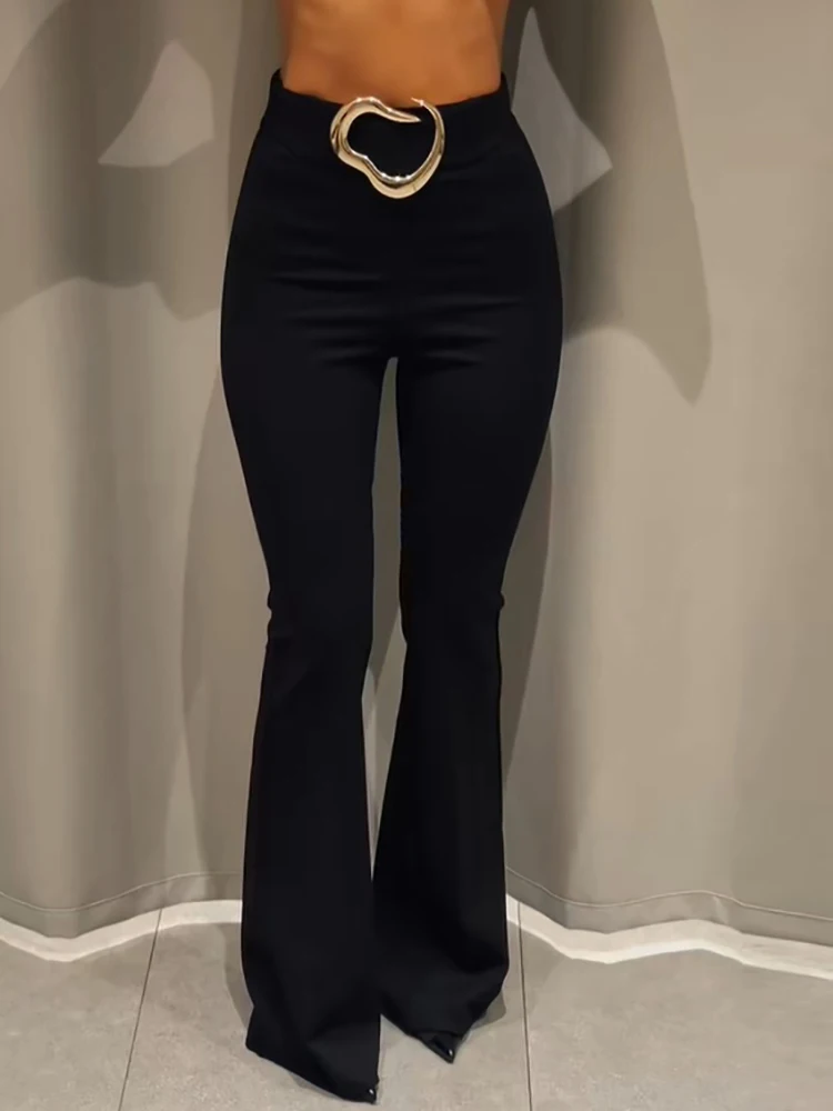 Women Black High Waist Flare Pants Metal Buckle Belt Slim Fit Long Bootcut Trousers Elegant Lady Office Party Daily Street Wear