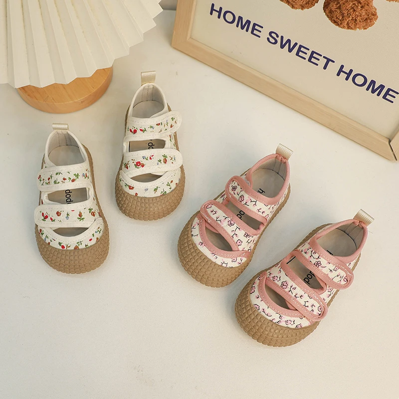 Floral Canvas Shoes Children Girls Square Mouth Casual Kids Girl Soft Soled Non-slip Shoe