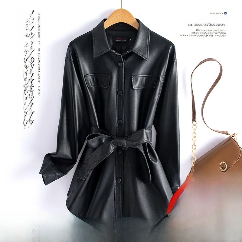 

ort Women's eepskin Jaet Korean Sle Coat Spring Autumn New Model High Gloss Leather Outerwear Commute Sle