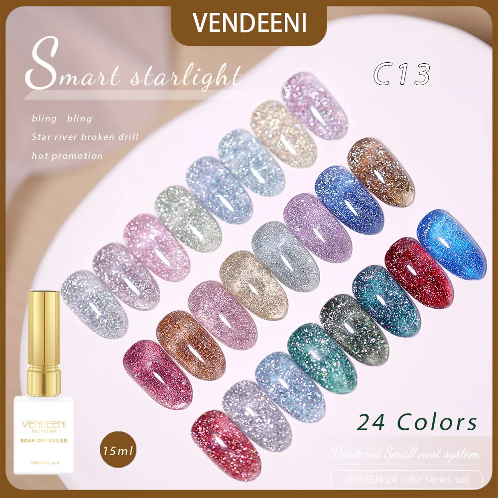 Vendeeni 24 Colors Glitter Broken Diamond Gel Nail Polish Semi-permanent UV Soak Off Gel Lacquer Flash Nail Art Gel Varnish 15ml