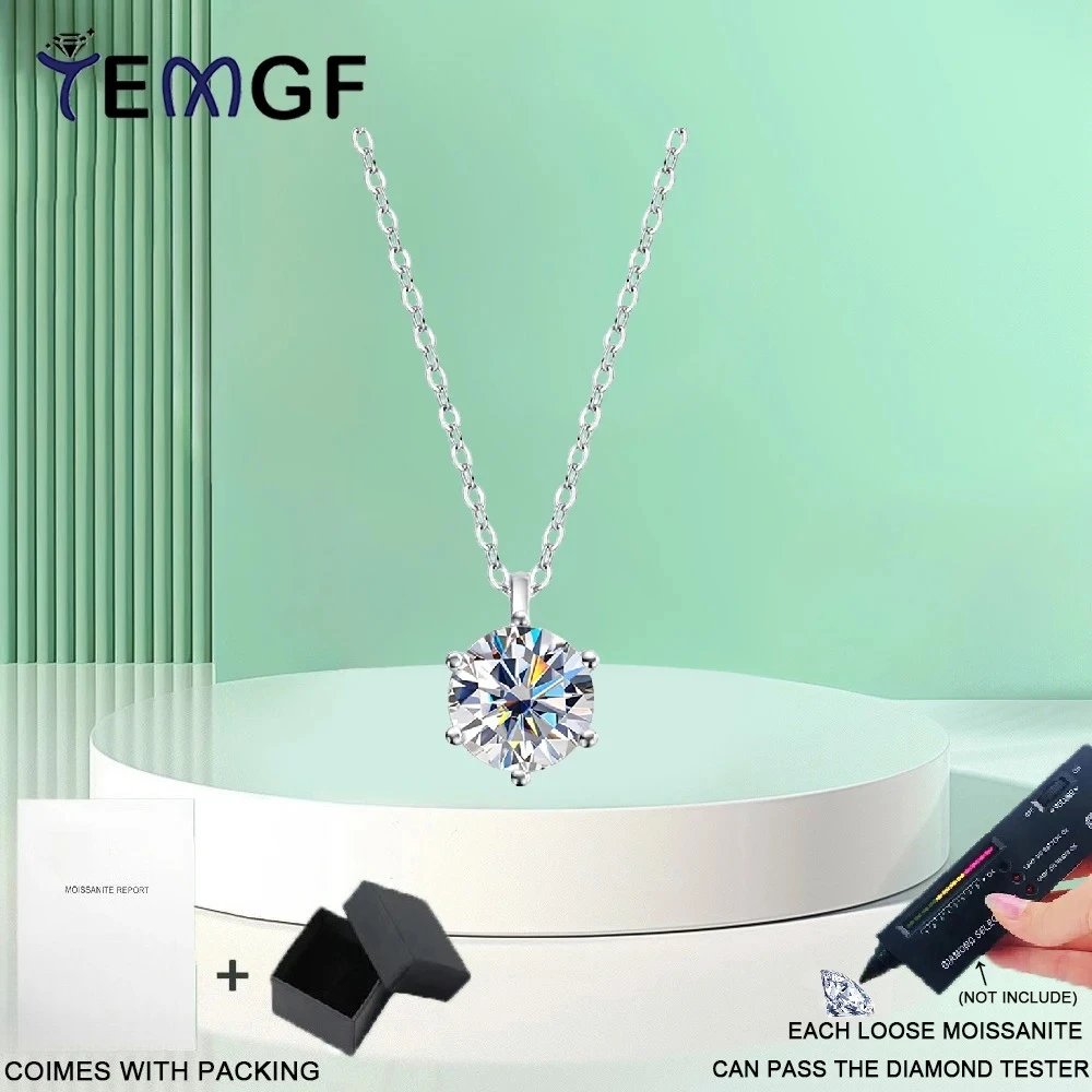 

TEMGF 8mm Moissanite Pendant Necklace S925 Sterling Silver Chain for Women Classic Elegant Sparkling Fine Jewelry Gifts
